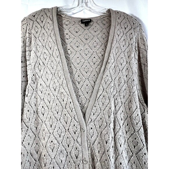 Torrid Taupe Pointelle Button Front Boyfriend Cardigan Sz 3 - Picture 6 of 11